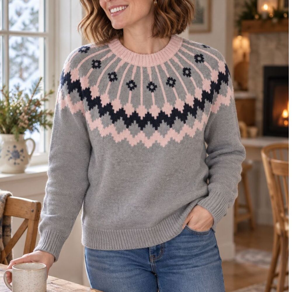 J.Crew Factory Fair Isle Sweater L Gray Pink Cotton Crewneck Cozy Cottagecore